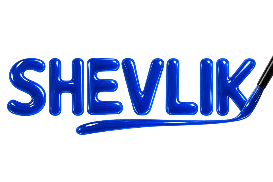 SHEVLIK written in glossy cobalt gel with a nail polish brush