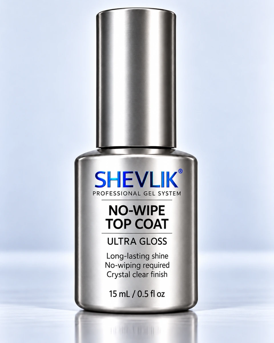 SHEVLIK No-Wipe Top Coat - front of the 15 mL bottle