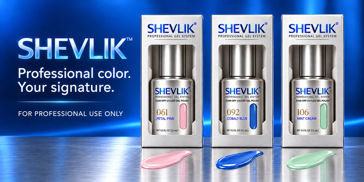 SHEVLIK: Professional color. Your signature. For professional use only. Three silver window cartons with 061 Petal Pink, 092 Cobalt Blue and 106 Mint Cream, with matching gel color swatches.